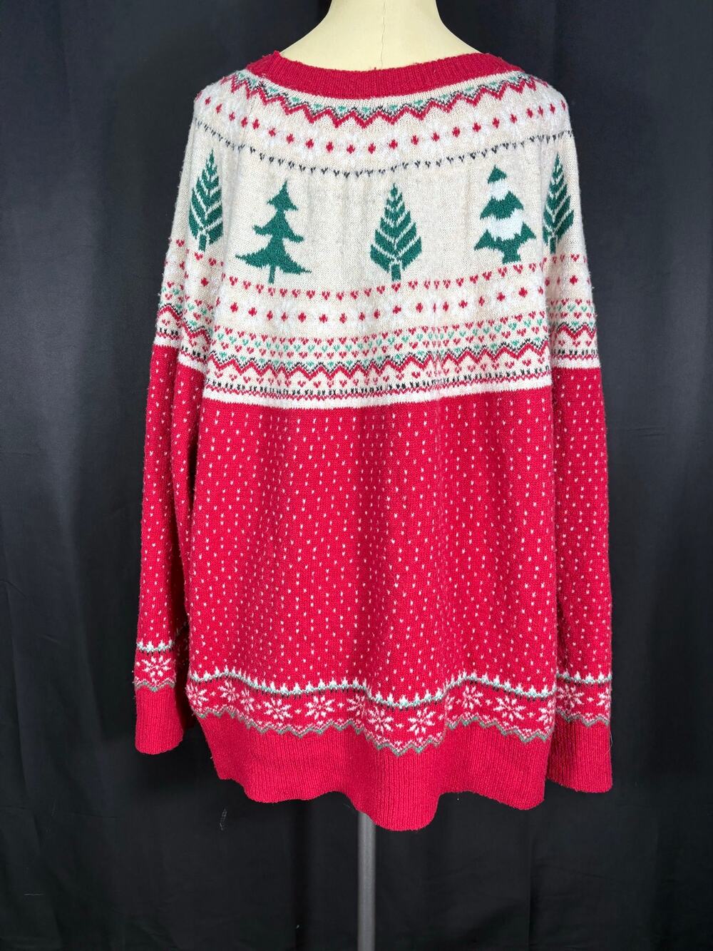 Christmas Holiday Sweater Fair Isle Christmas Trees Sequence Red Cream Plus Size